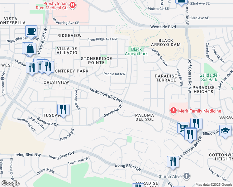 map of restaurants, bars, coffee shops, grocery stores, and more near 5115 Trevi Place Northwest in Albuquerque