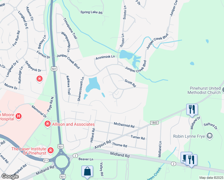 map of restaurants, bars, coffee shops, grocery stores, and more near 30 Barton Hills Court in Pinehurst