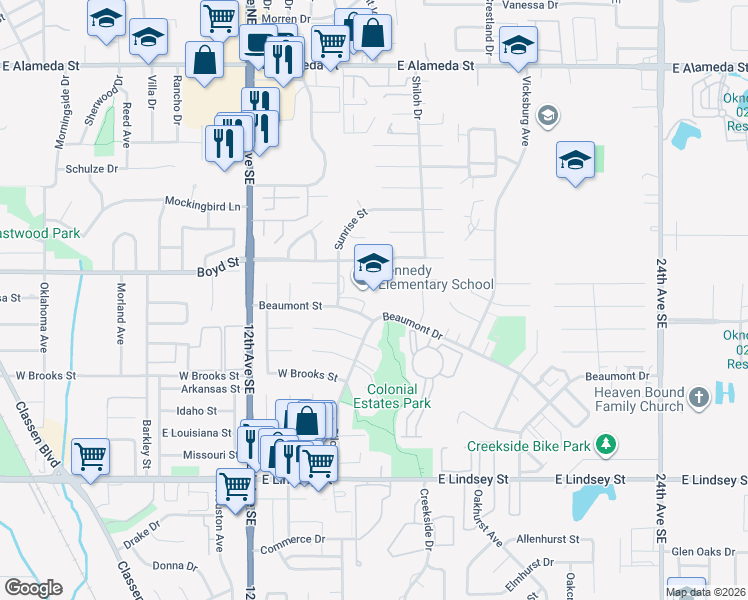 map of restaurants, bars, coffee shops, grocery stores, and more near 621 Sunrise Street in Norman