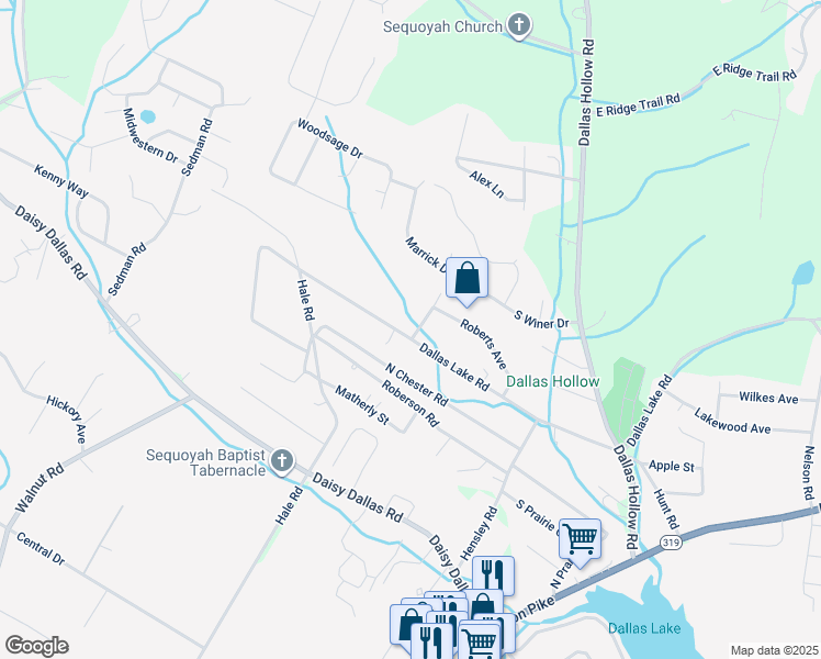 map of restaurants, bars, coffee shops, grocery stores, and more near 1551 Dallas Lake Road in Hamilton County