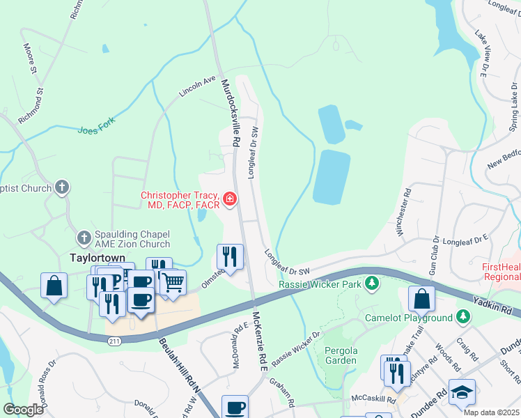 map of restaurants, bars, coffee shops, grocery stores, and more near 1-99 Hunt Street in Pinehurst