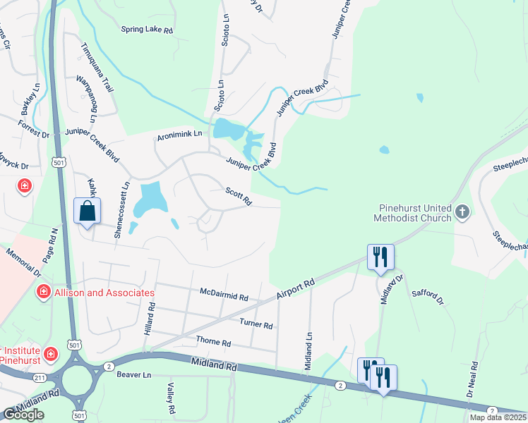 map of restaurants, bars, coffee shops, grocery stores, and more near 120 Glen Abbey Trail in Pinehurst