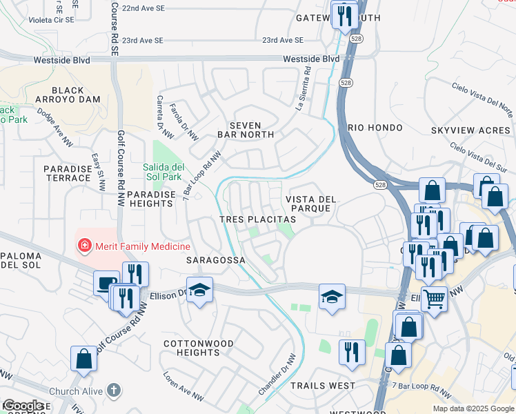 map of restaurants, bars, coffee shops, grocery stores, and more near 10639 Stanley Drive Northwest in Albuquerque