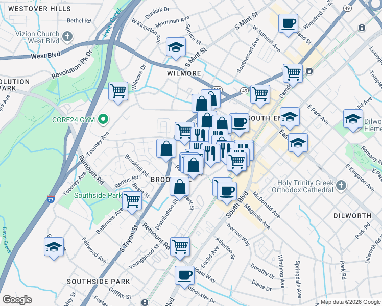 map of restaurants, bars, coffee shops, grocery stores, and more near 327 West Tremont Avenue in Charlotte