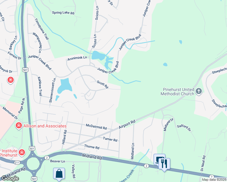 map of restaurants, bars, coffee shops, grocery stores, and more near 120 Glen Abbey Trail in Pinehurst