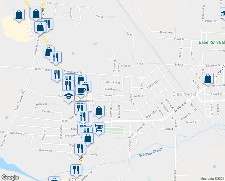map of restaurants, bars, coffee shops, grocery stores, and more near 187 Sunshine Circle in Decherd