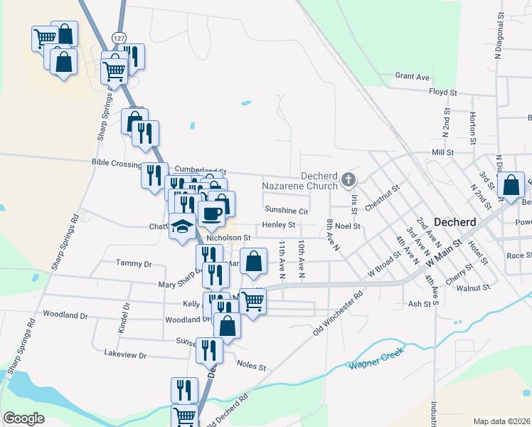 map of restaurants, bars, coffee shops, grocery stores, and more near 113 Henley Lane in Decherd