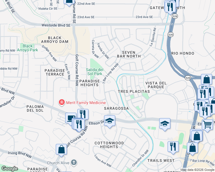 map of restaurants, bars, coffee shops, grocery stores, and more near 10553 Calle Alba Northwest in Albuquerque