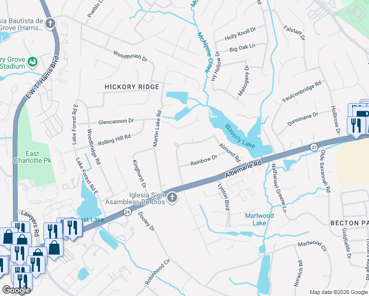 map of restaurants, bars, coffee shops, grocery stores, and more near 5911 Mallard Drive in Charlotte