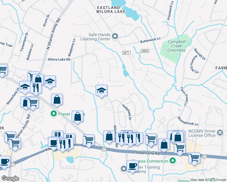 map of restaurants, bars, coffee shops, grocery stores, and more near 6109 Wilora Lake Road in Charlotte