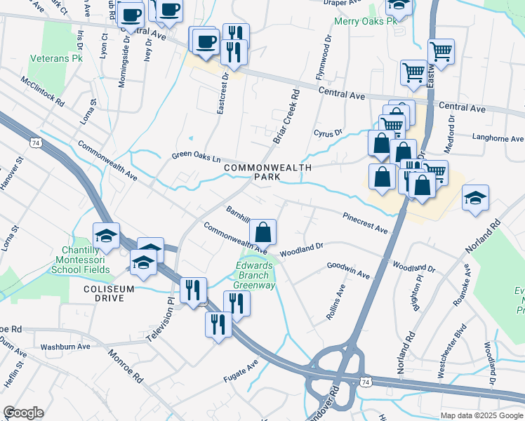 map of restaurants, bars, coffee shops, grocery stores, and more near 3219 Barnhill Drive in Charlotte