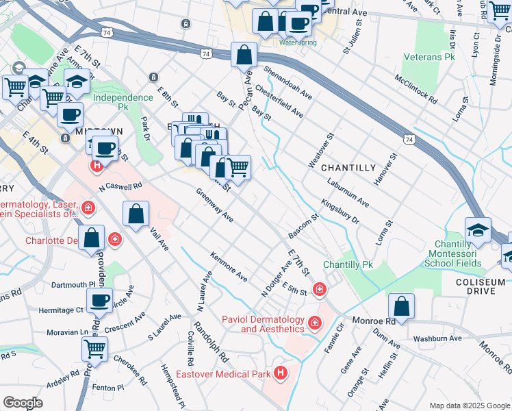map of restaurants, bars, coffee shops, grocery stores, and more near 2300 East 7th Street in Charlotte