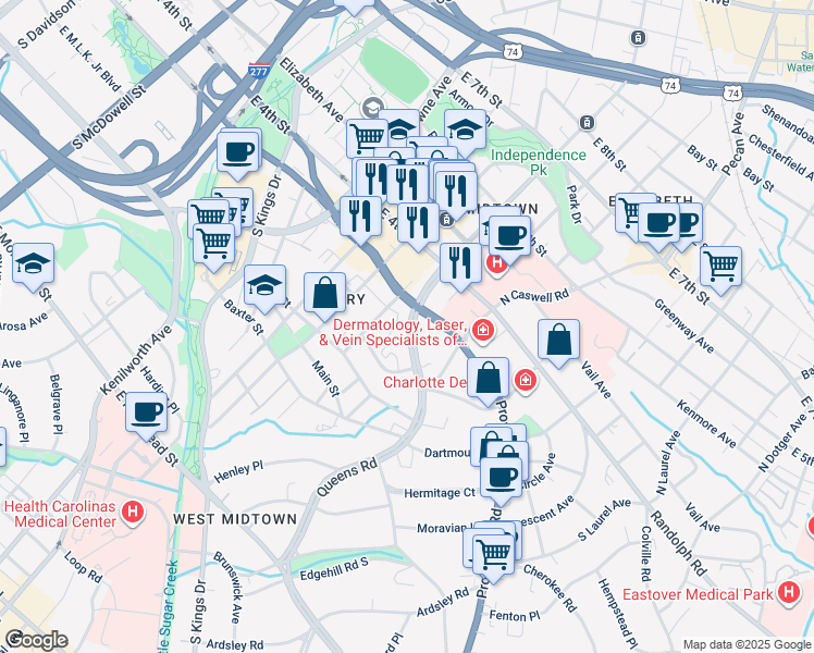 map of restaurants, bars, coffee shops, grocery stores, and more near 259 Queens Road in Charlotte