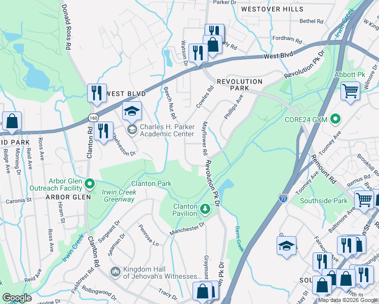 map of restaurants, bars, coffee shops, grocery stores, and more near 2939 Beech Nut Road in Charlotte