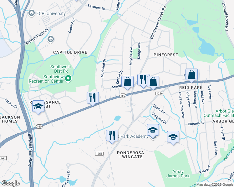 map of restaurants, bars, coffee shops, grocery stores, and more near 2727 West Boulevard in Charlotte