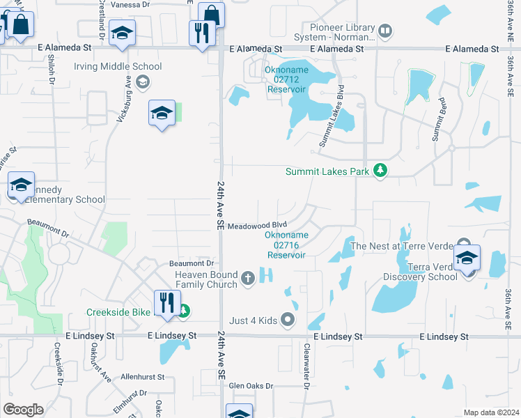 map of restaurants, bars, coffee shops, grocery stores, and more near 642 Welston Circle in Norman