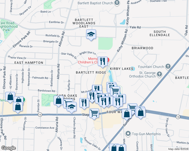 map of restaurants, bars, coffee shops, grocery stores, and more near 3071 Kirby Whitten Road in Bartlett