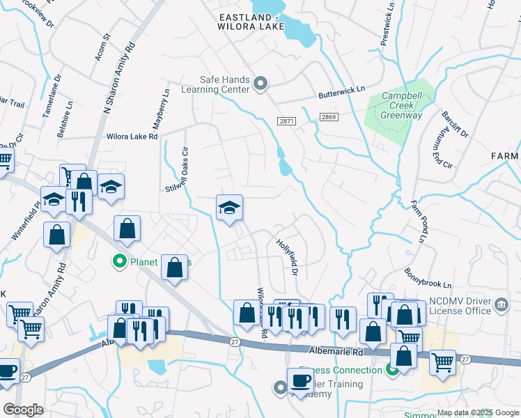 map of restaurants, bars, coffee shops, grocery stores, and more near 6053 Wilora Lake Road in Charlotte