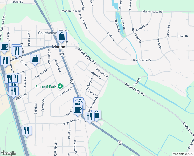 map of restaurants, bars, coffee shops, grocery stores, and more near 128 Sherwood Cove in Marion