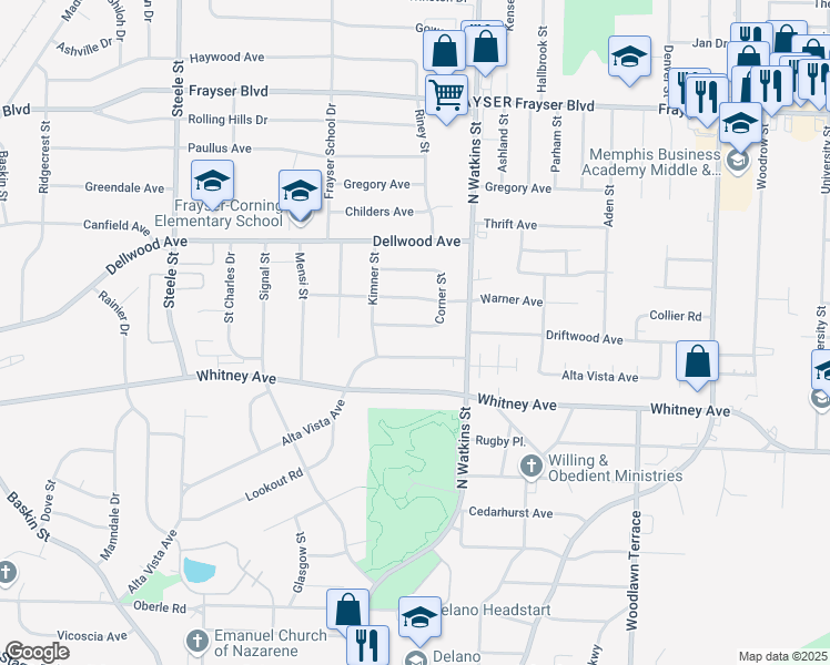 map of restaurants, bars, coffee shops, grocery stores, and more near 1741 Osborn Drive in Memphis