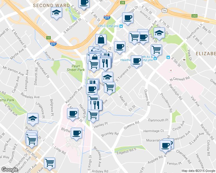 map of restaurants, bars, coffee shops, grocery stores, and more near in Charlotte