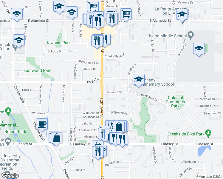 map of restaurants, bars, coffee shops, grocery stores, and more near 622 Albany Place in Norman