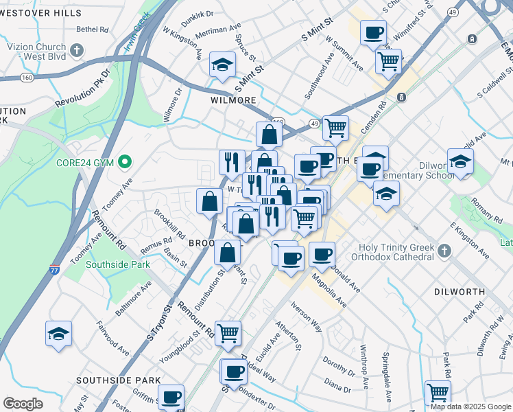 map of restaurants, bars, coffee shops, grocery stores, and more near 300 Rampart Street in Charlotte