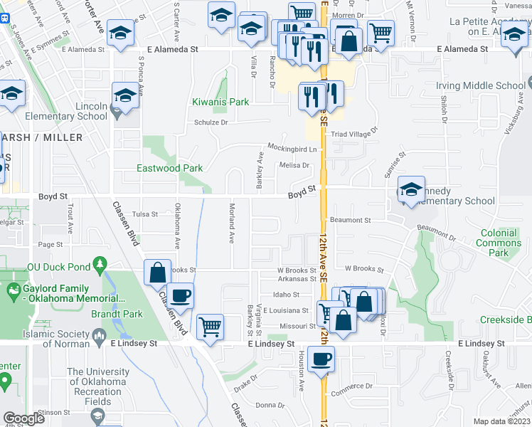 map of restaurants, bars, coffee shops, grocery stores, and more near 917 Barkley Circle in Norman