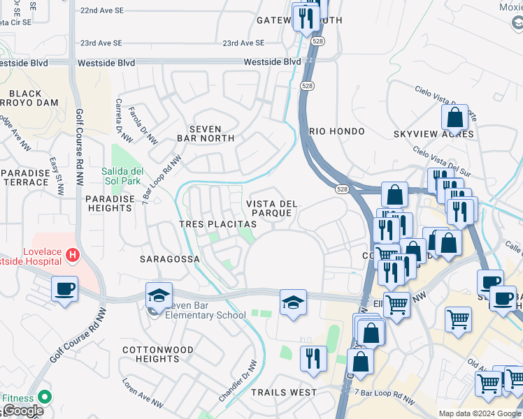 map of restaurants, bars, coffee shops, grocery stores, and more near 4016 Cresta Park Avenue Northwest in Albuquerque