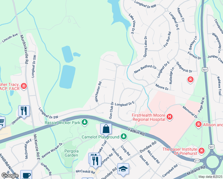 map of restaurants, bars, coffee shops, grocery stores, and more near 235 Gun Club Drive in Pinehurst