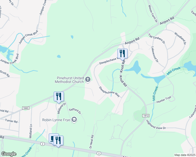 map of restaurants, bars, coffee shops, grocery stores, and more near 112 Steeplechase Way in Southern Pines