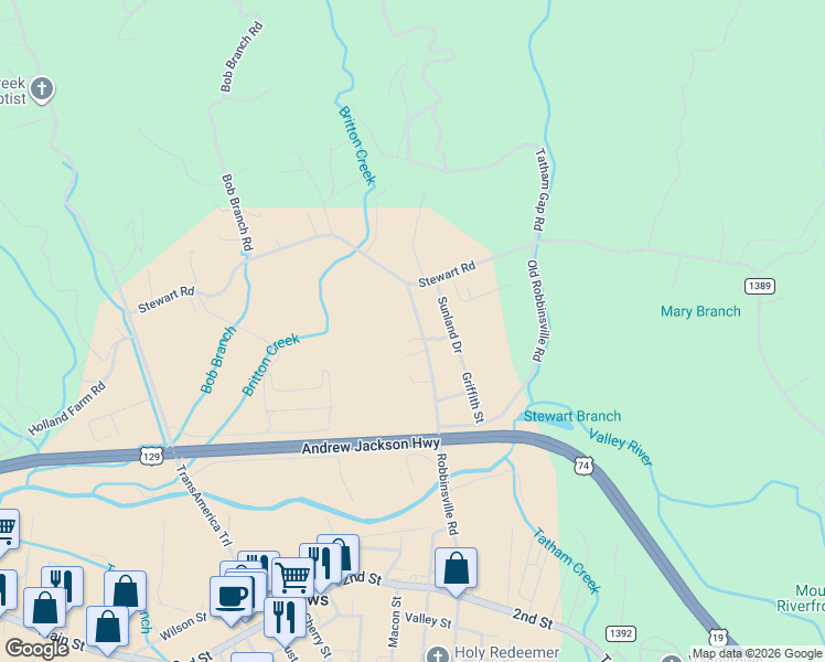 map of restaurants, bars, coffee shops, grocery stores, and more near 641 Robbinsville Road in Andrews