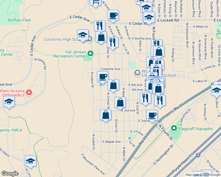 map of restaurants, bars, coffee shops, grocery stores, and more near 1916 East 6th Avenue in Flagstaff
