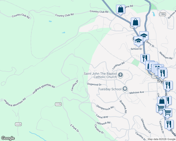 map of restaurants, bars, coffee shops, grocery stores, and more near 160 Turn Again Lane in Tryon