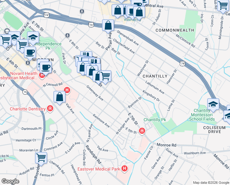 map of restaurants, bars, coffee shops, grocery stores, and more near 2220 East 8th Street in Charlotte