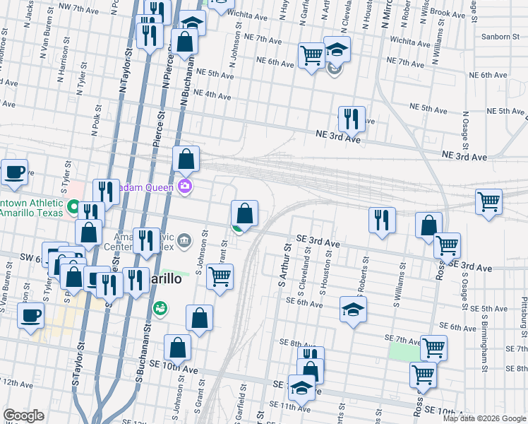 map of restaurants, bars, coffee shops, grocery stores, and more near 801 Southeast 2nd Avenue in Amarillo