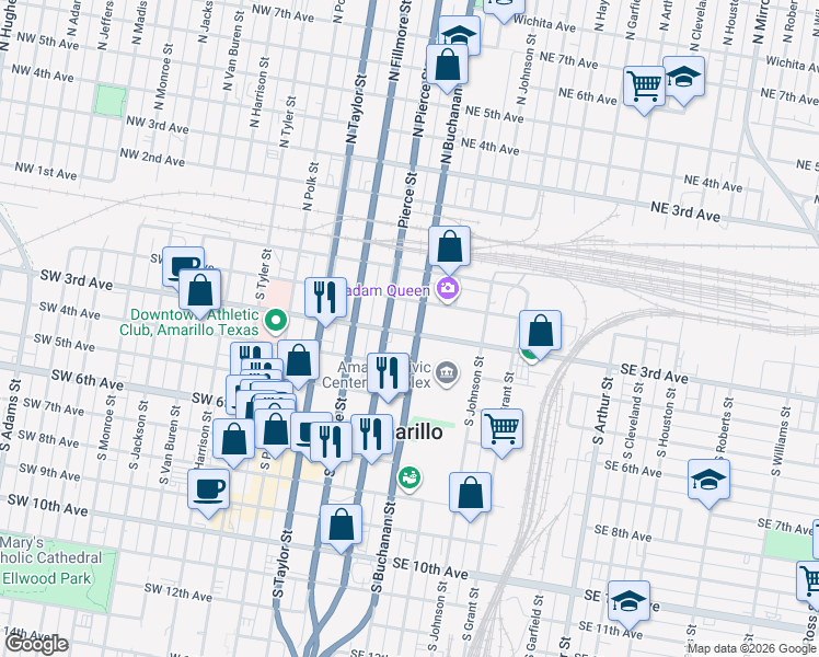 map of restaurants, bars, coffee shops, grocery stores, and more near 205 South Pierce Street in Amarillo