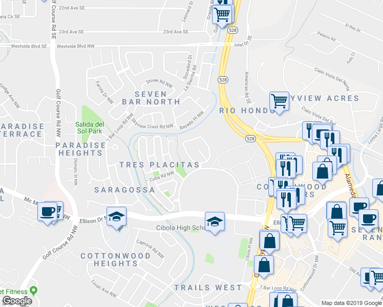 map of restaurants, bars, coffee shops, grocery stores, and more near 4016 Cresta Park Avenue Northwest in Albuquerque