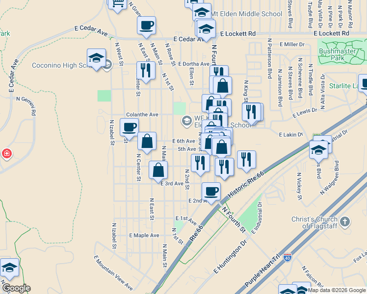 map of restaurants, bars, coffee shops, grocery stores, and more near 2300 East 6th Avenue in Flagstaff