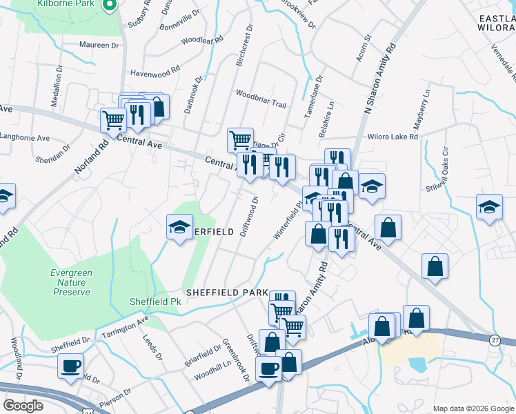 map of restaurants, bars, coffee shops, grocery stores, and more near 3501 Burner Drive in Charlotte