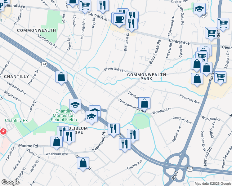 map of restaurants, bars, coffee shops, grocery stores, and more near in Charlotte