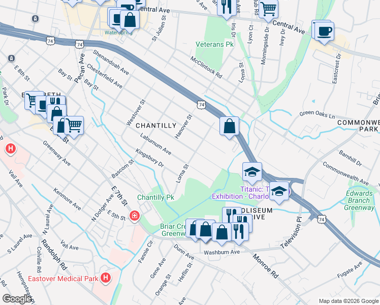 map of restaurants, bars, coffee shops, grocery stores, and more near 2515 Bay Street in Charlotte