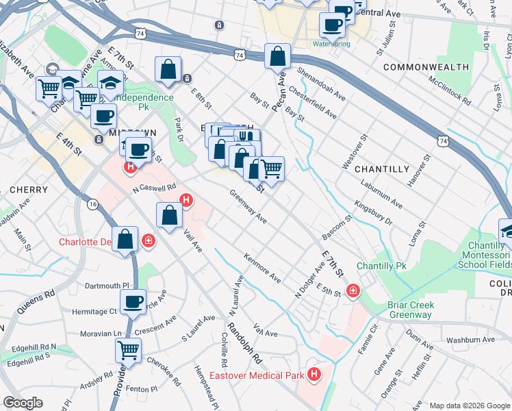 map of restaurants, bars, coffee shops, grocery stores, and more near 2108 East 7th Street in Charlotte