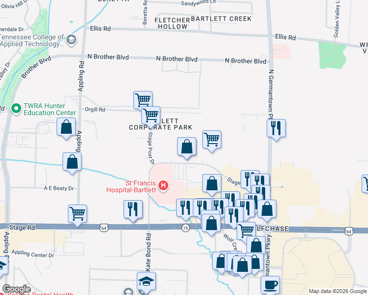 map of restaurants, bars, coffee shops, grocery stores, and more near 7851 Orgill Road in Memphis