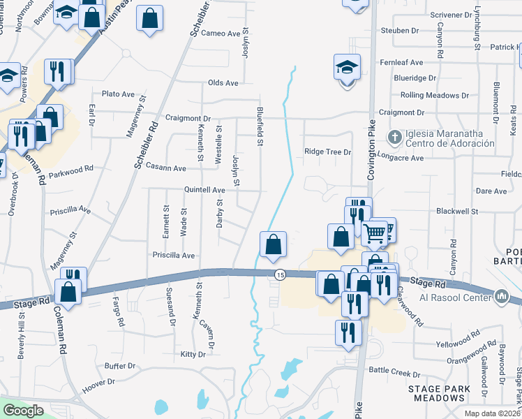 map of restaurants, bars, coffee shops, grocery stores, and more near 3126 Bluefield Street in Memphis