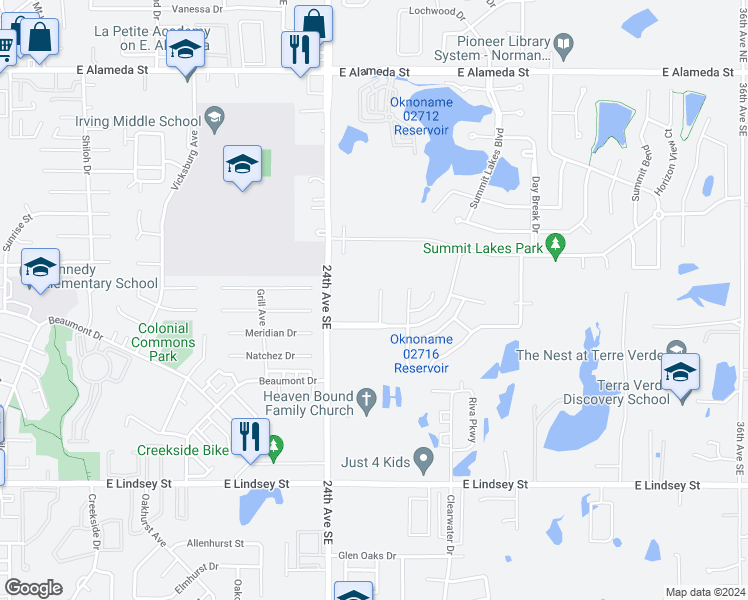 map of restaurants, bars, coffee shops, grocery stores, and more near 604 Welston Circle in Norman