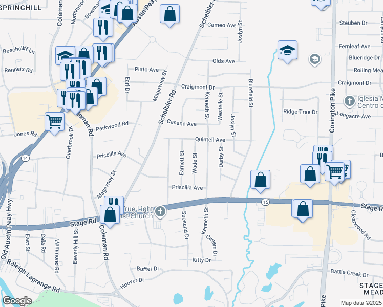 map of restaurants, bars, coffee shops, grocery stores, and more near 3103 Wade Street in Memphis