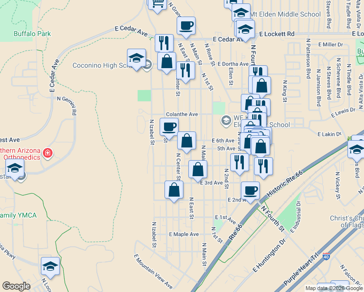 map of restaurants, bars, coffee shops, grocery stores, and more near 2212 North Center Street in Flagstaff