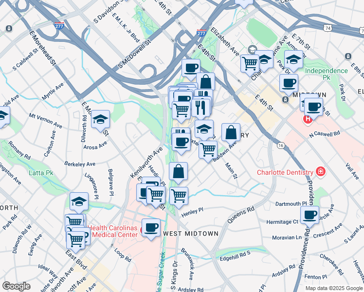 map of restaurants, bars, coffee shops, grocery stores, and more near in Charlotte