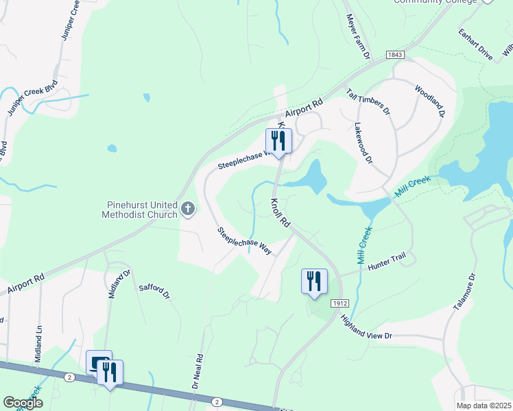 map of restaurants, bars, coffee shops, grocery stores, and more near Jumper Court in Southern Pines